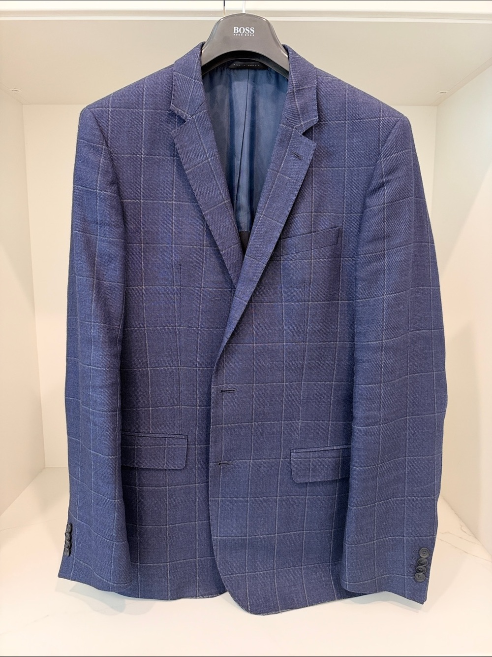 BOSS Navy Windowpane Wool-Blend Sport Coat | Size 42L